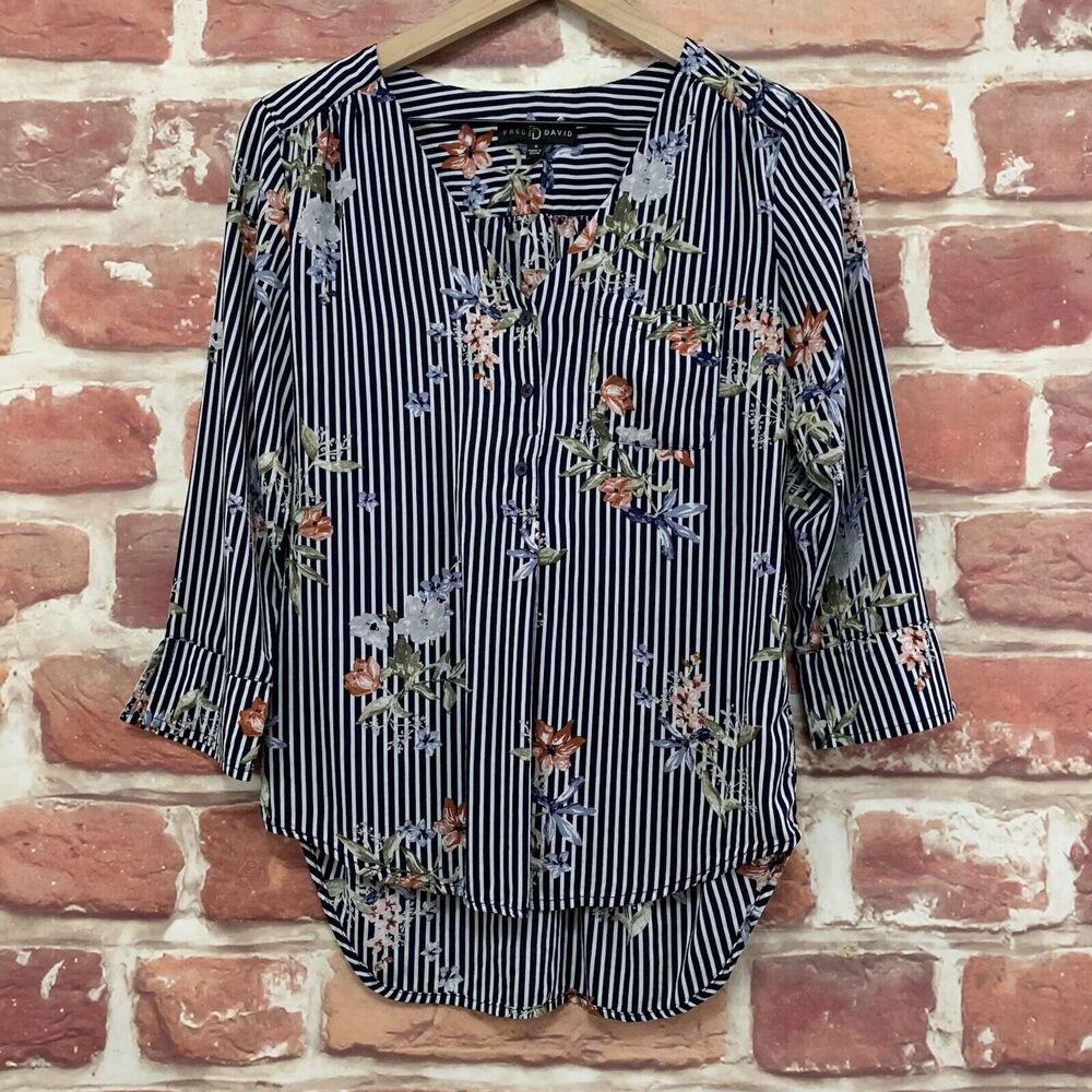 Fred David Top Shirt Women's Small Blue White Multicolor Floral Striped Blouse
